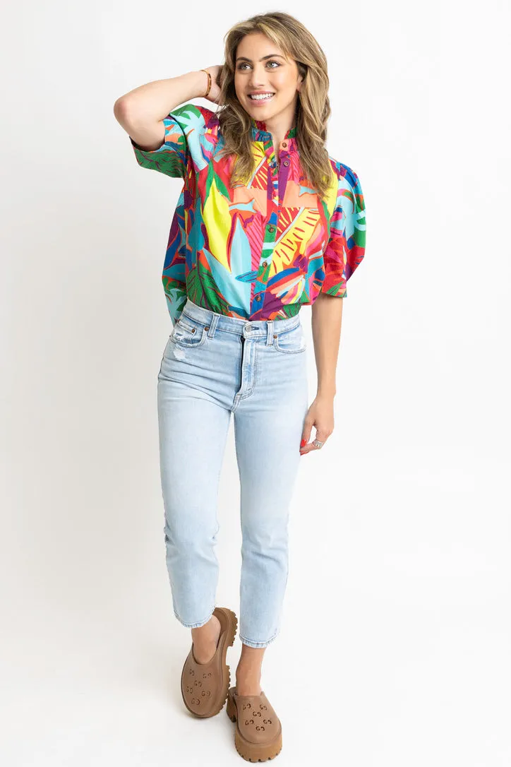 Birds of Paradise Button Puff Sleeve Top