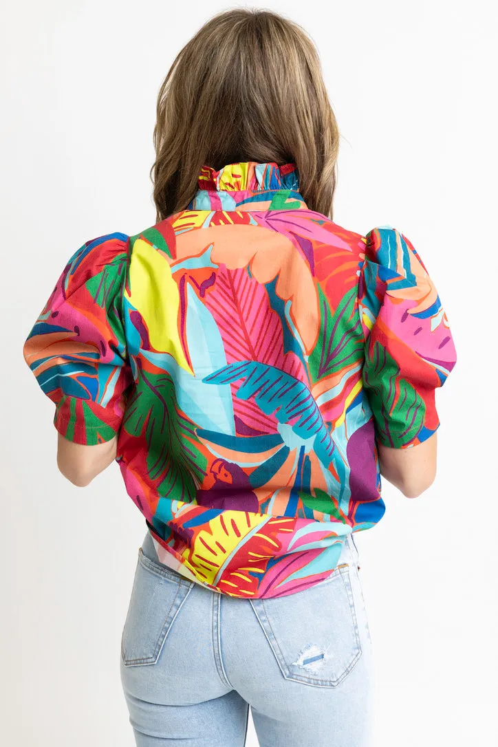 Birds of Paradise Button Puff Sleeve Top