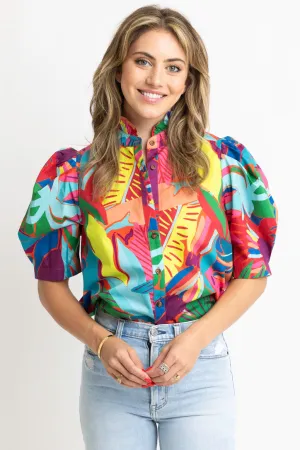 Birds of Paradise Button Puff Sleeve Top