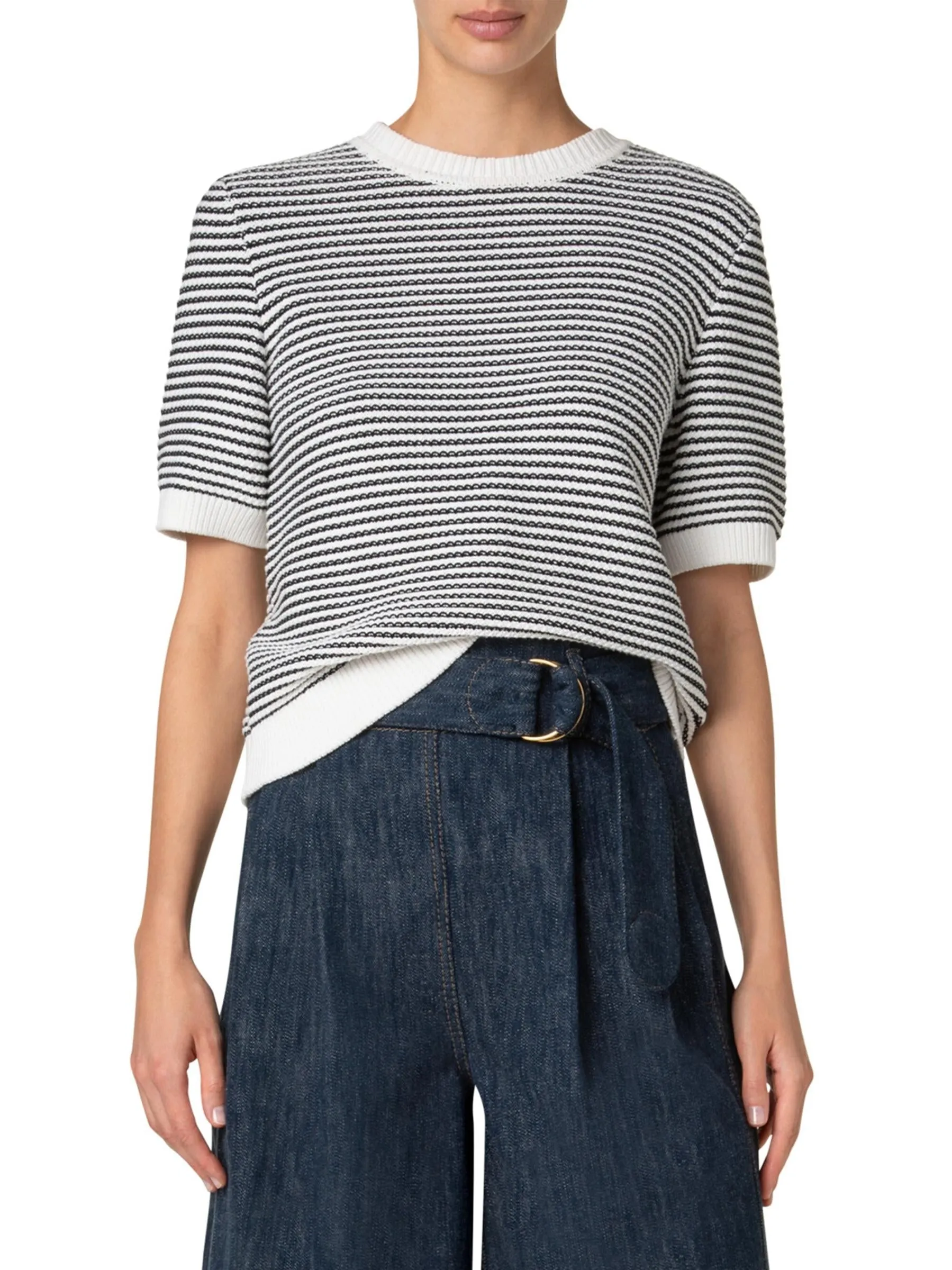 Black and Cream Cotton Short Sleeve Striped Jumper