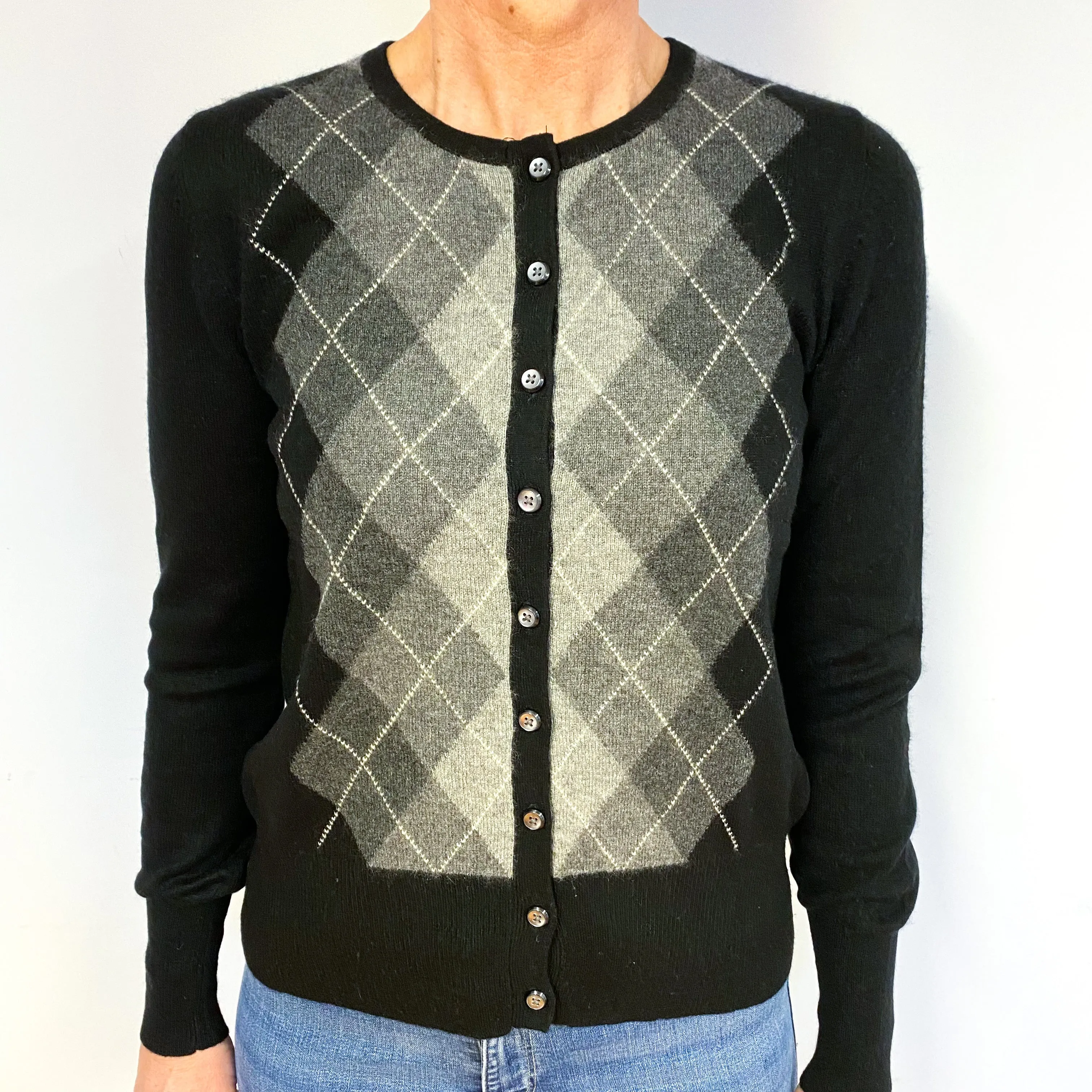 Black And Grey Argyle Cashmere Cardigan Medium