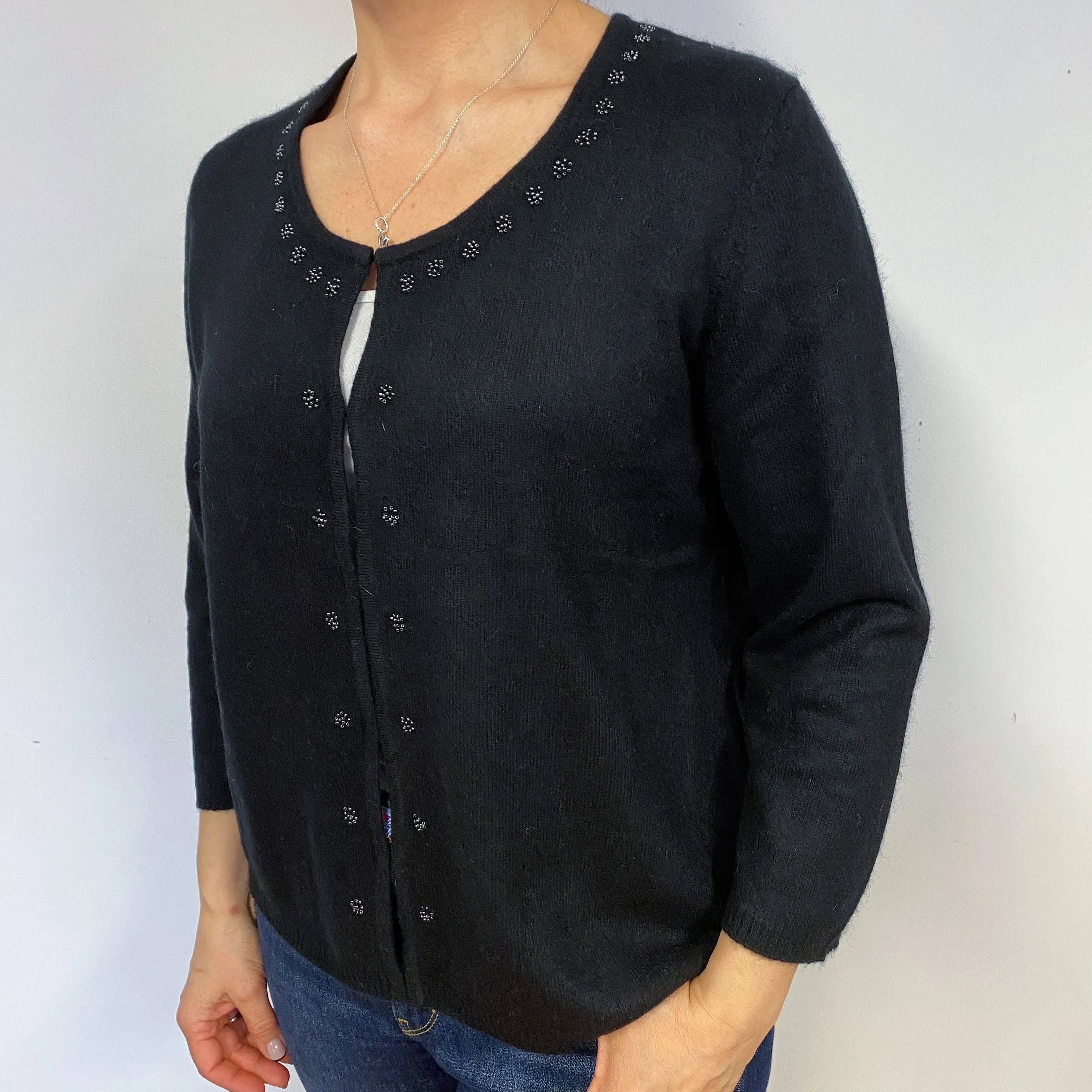 Black Beaded Crew Neck Cardigan Large