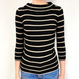 Black Beige Stripe Cashmere Boat Neck Jumper Extra Extra Small