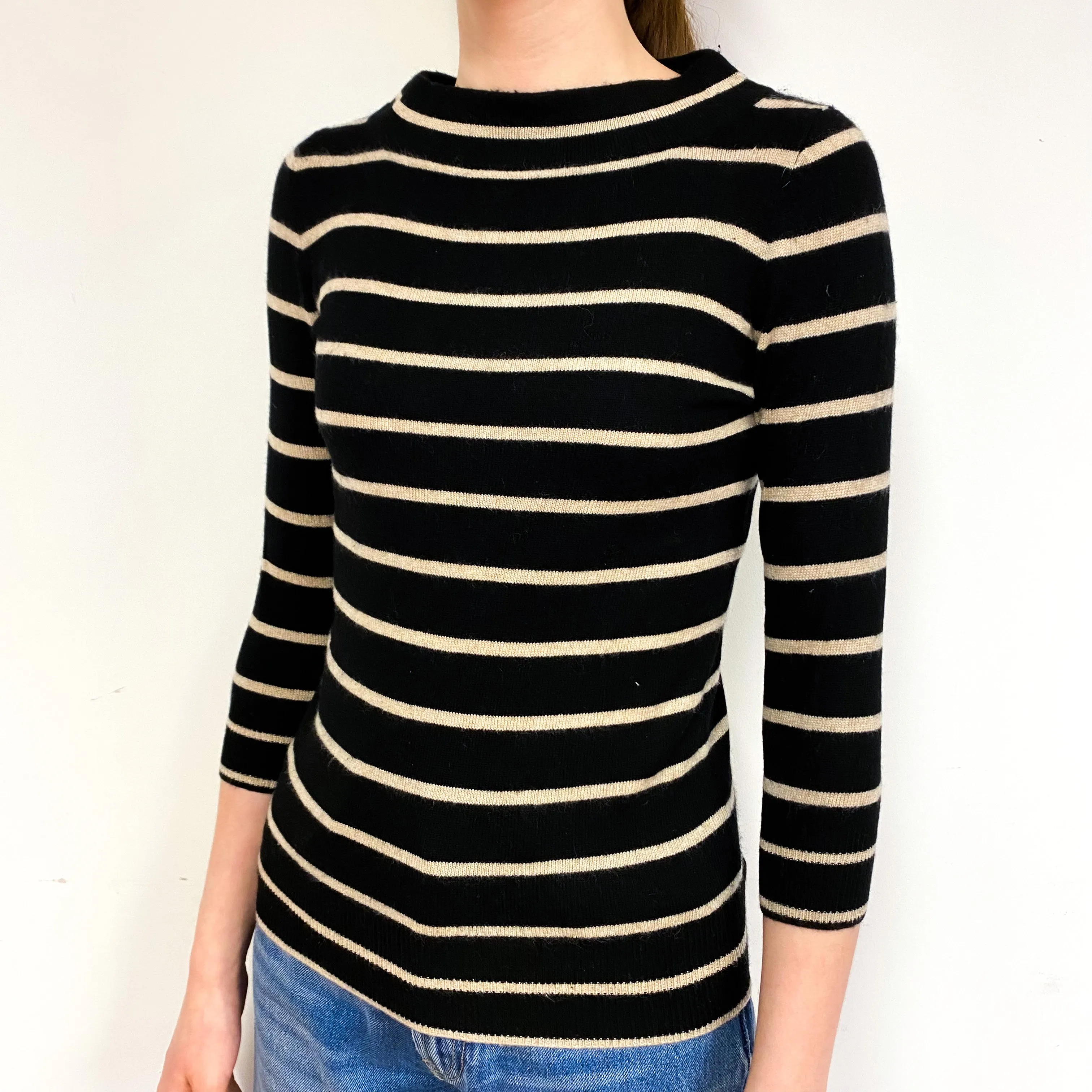 Black Beige Stripe Cashmere Boat Neck Jumper Extra Extra Small