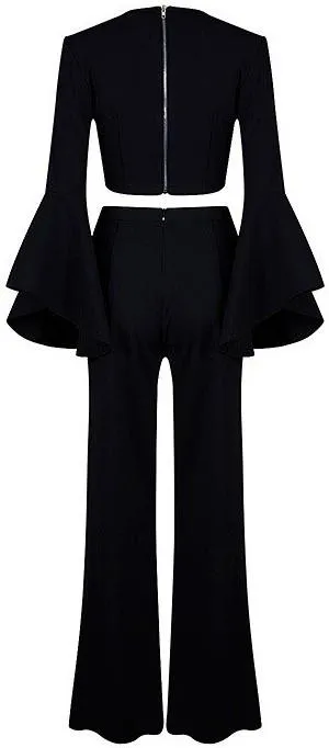 Black Bell-Sleeve Top & Slit Pant Set