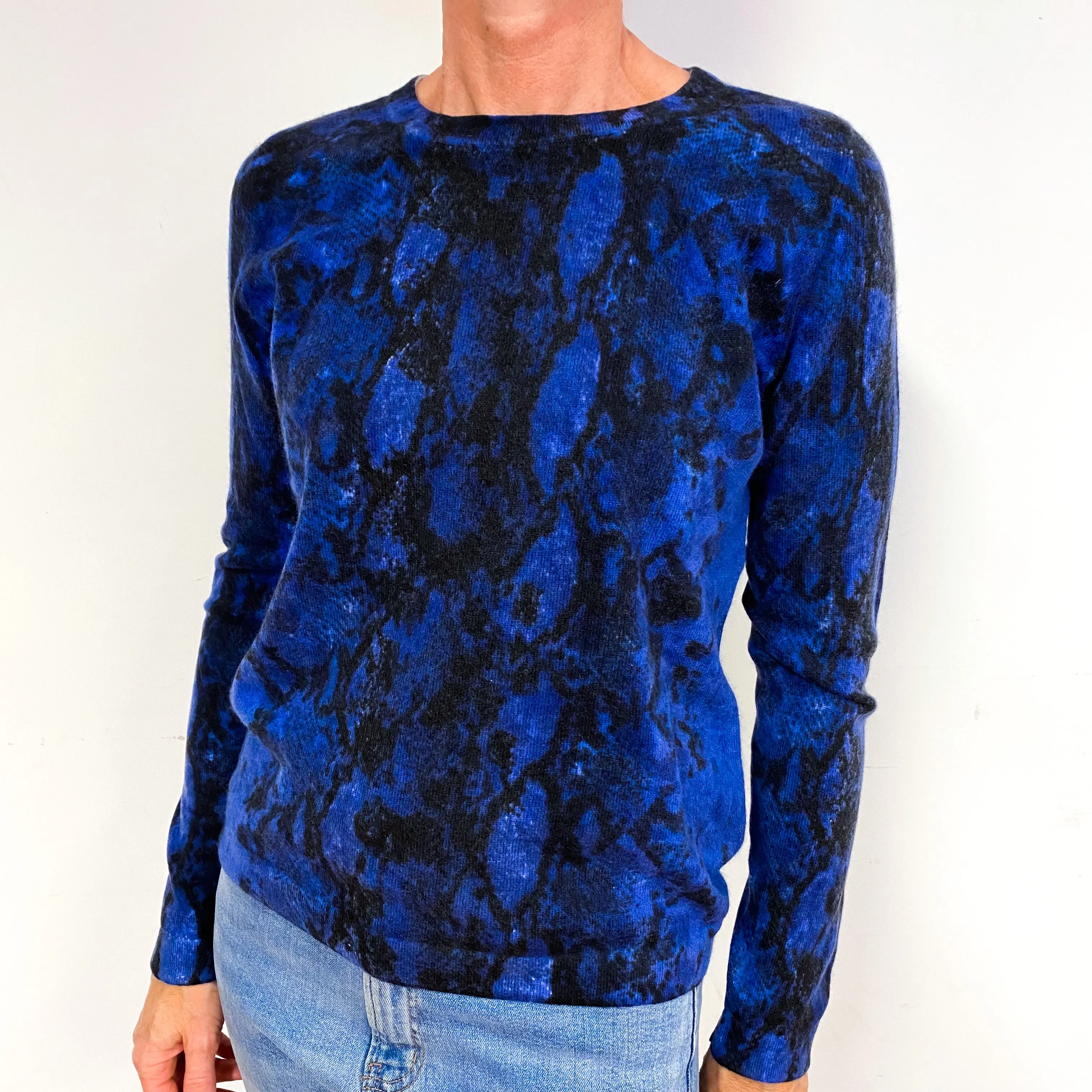 Black Blue Tie Dye Cashmere Crew Neck Jumper Medium
