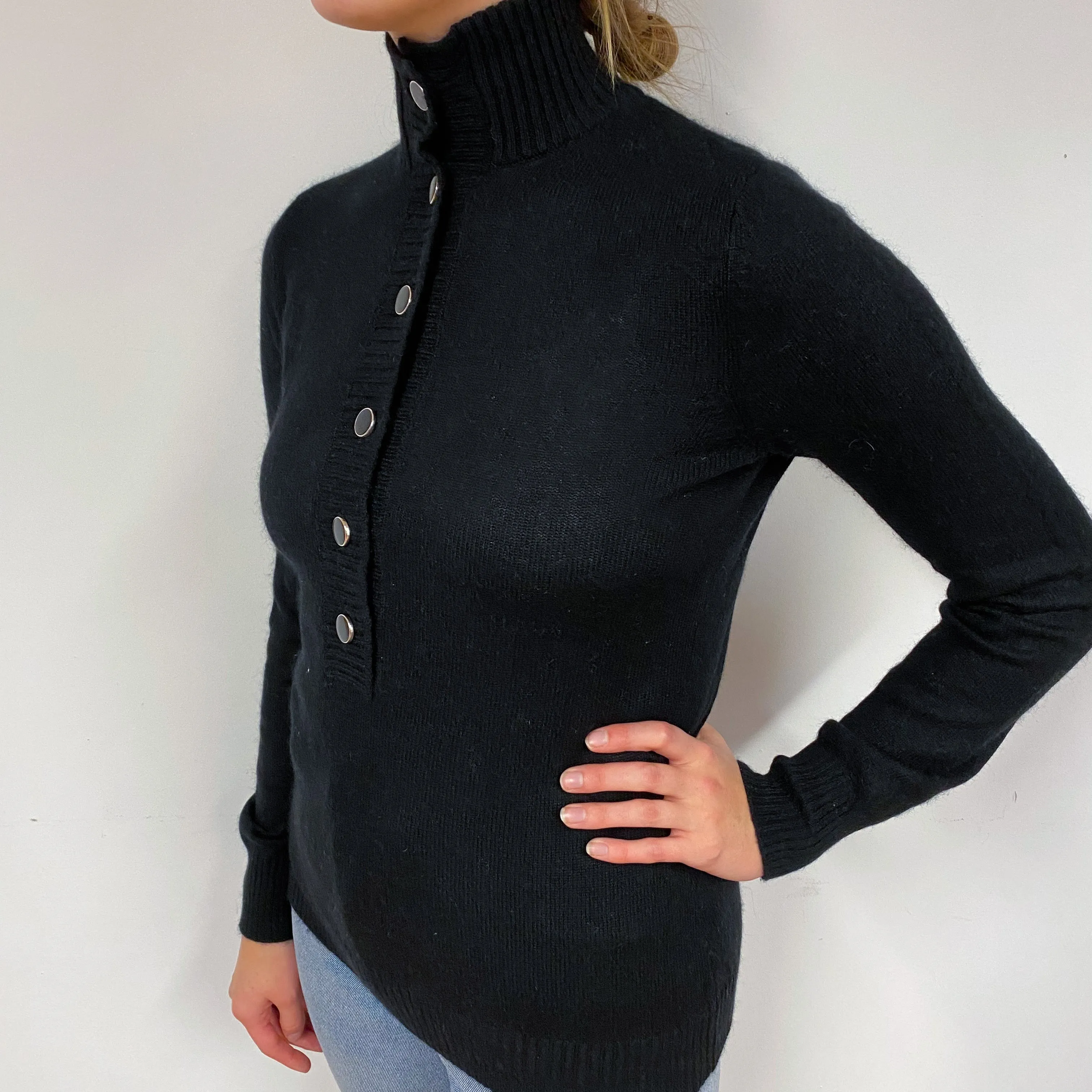 Black Button Front Cashmere Turtle Neck Jumper Small