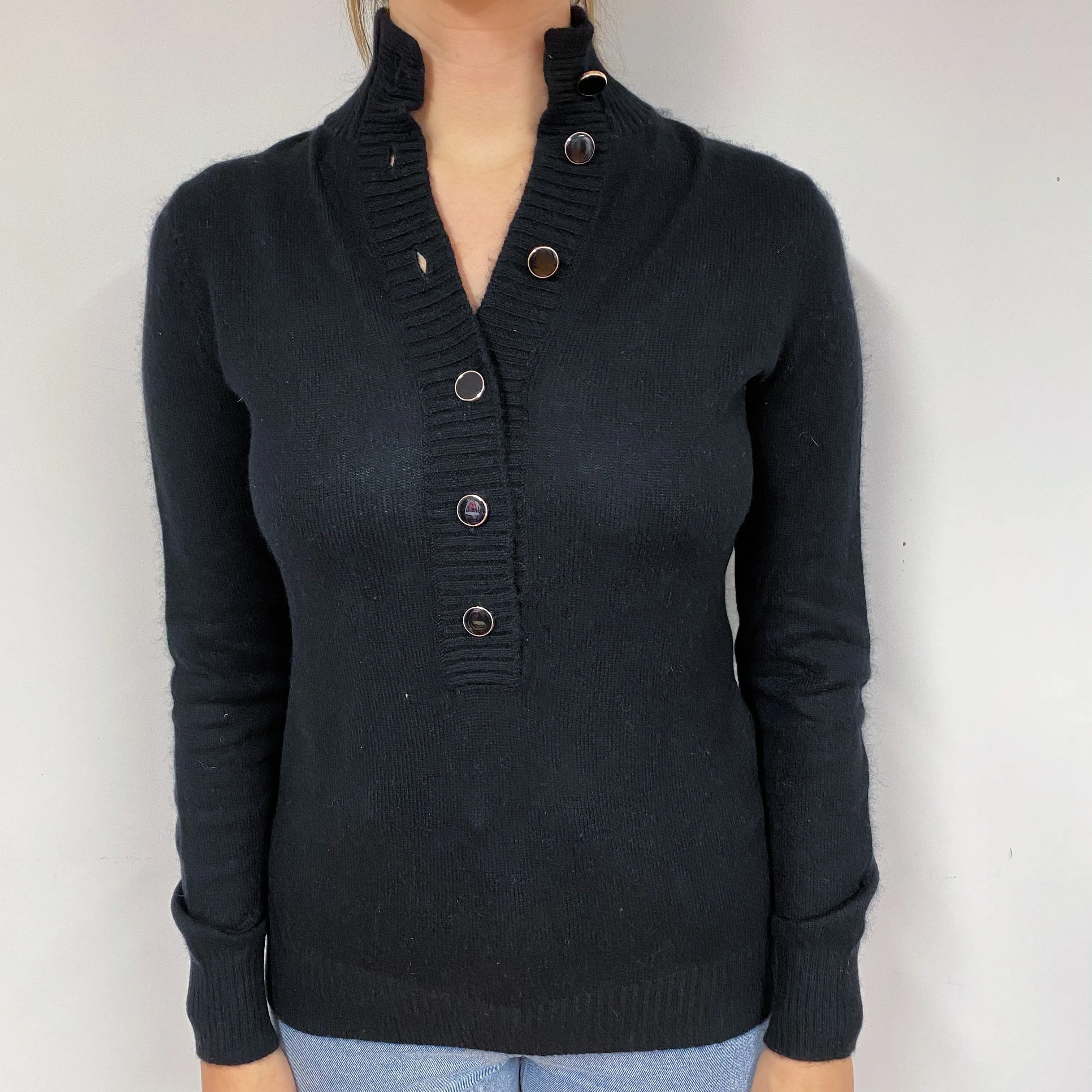Black Button Front Cashmere Turtle Neck Jumper Small