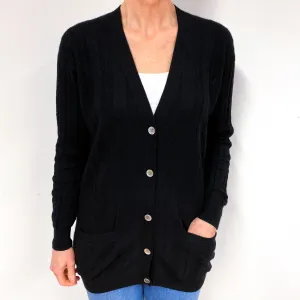 Black Cable Longline Cashmere V-Neck Cardigan Medium