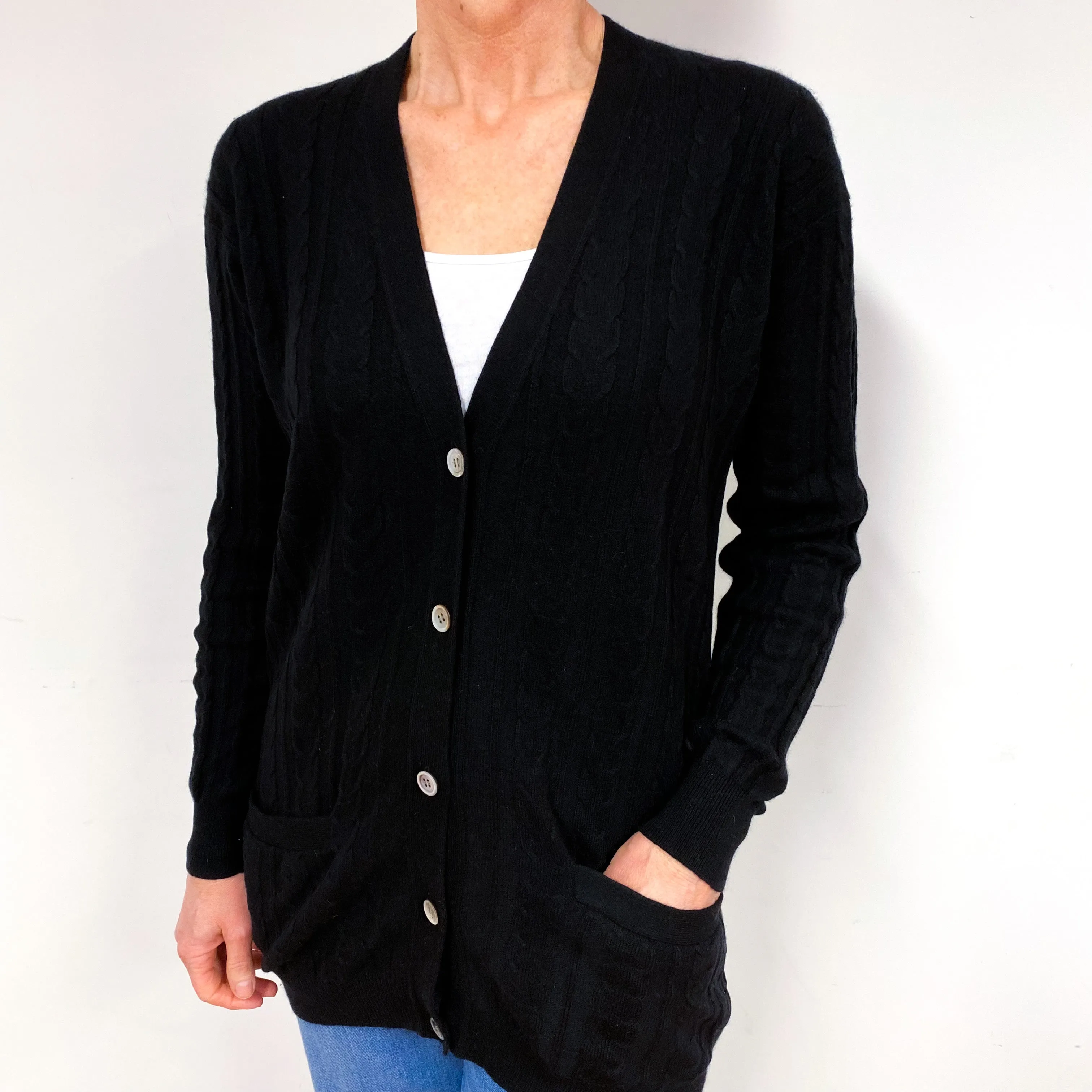 Black Cable Longline Cashmere V-Neck Cardigan Medium