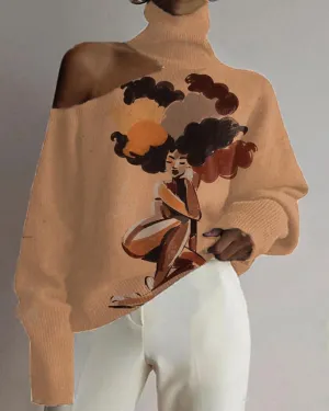 Black Cartoon Strapless Women's Casual Turtleneck Print Top