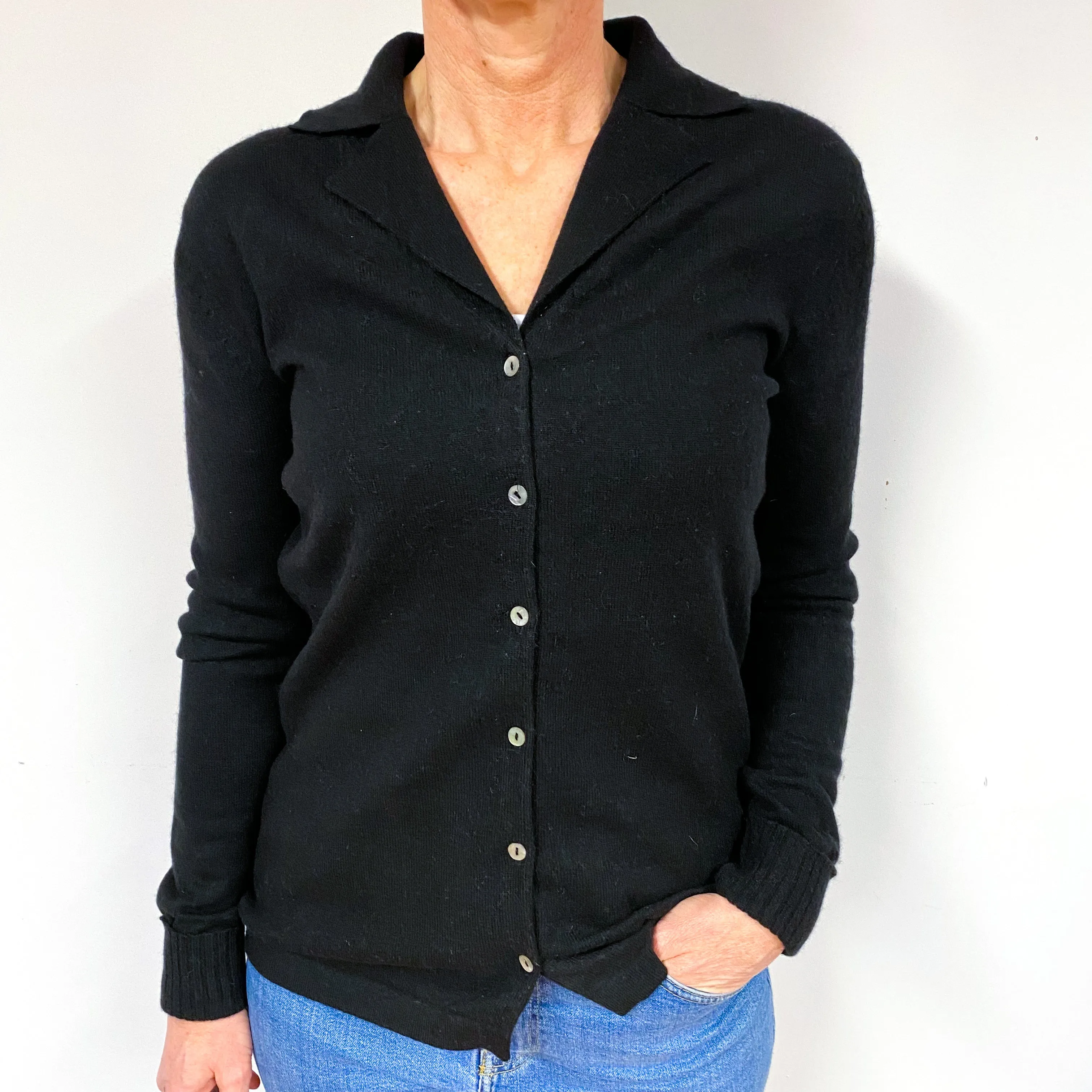 Black Cashmere V- Neck Collared Cardigan Medium