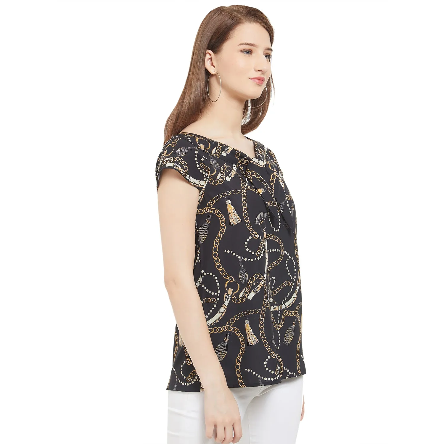 Black Chain Print Top With Tie Up Neck