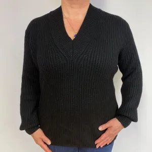 Black Chunky Cashmere V-Neck Jumper Large