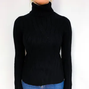 Black Chunky Ribbed Cashmere Polo Neck Jumper Small