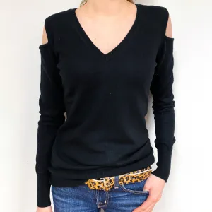 Black Cold Shoulder Cashmere V-Neck Jumper Extra Small