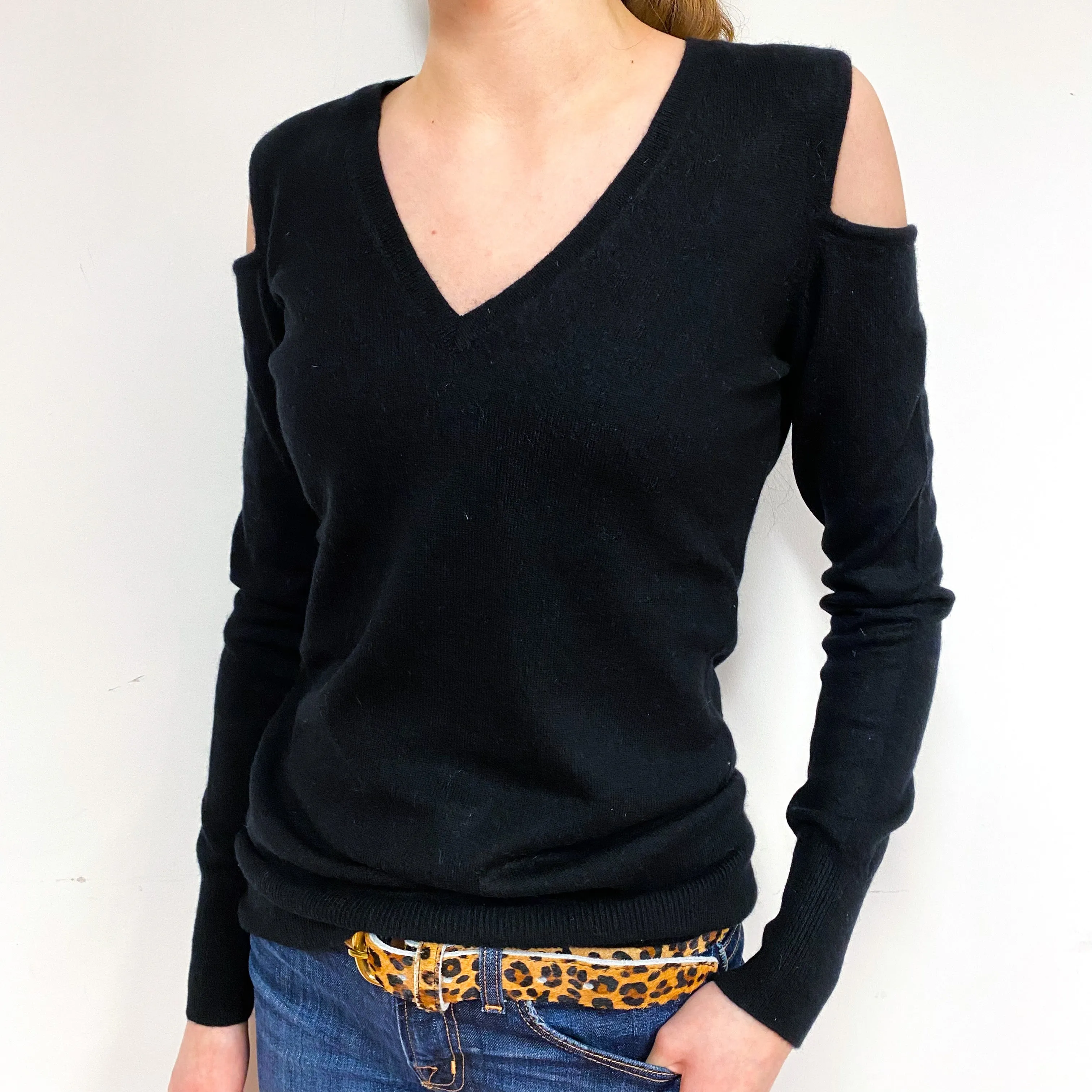 Black Cold Shoulder Cashmere V-Neck Jumper Extra Small
