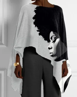 Black Color Matching Casual Print Irregular Hem Women's Top