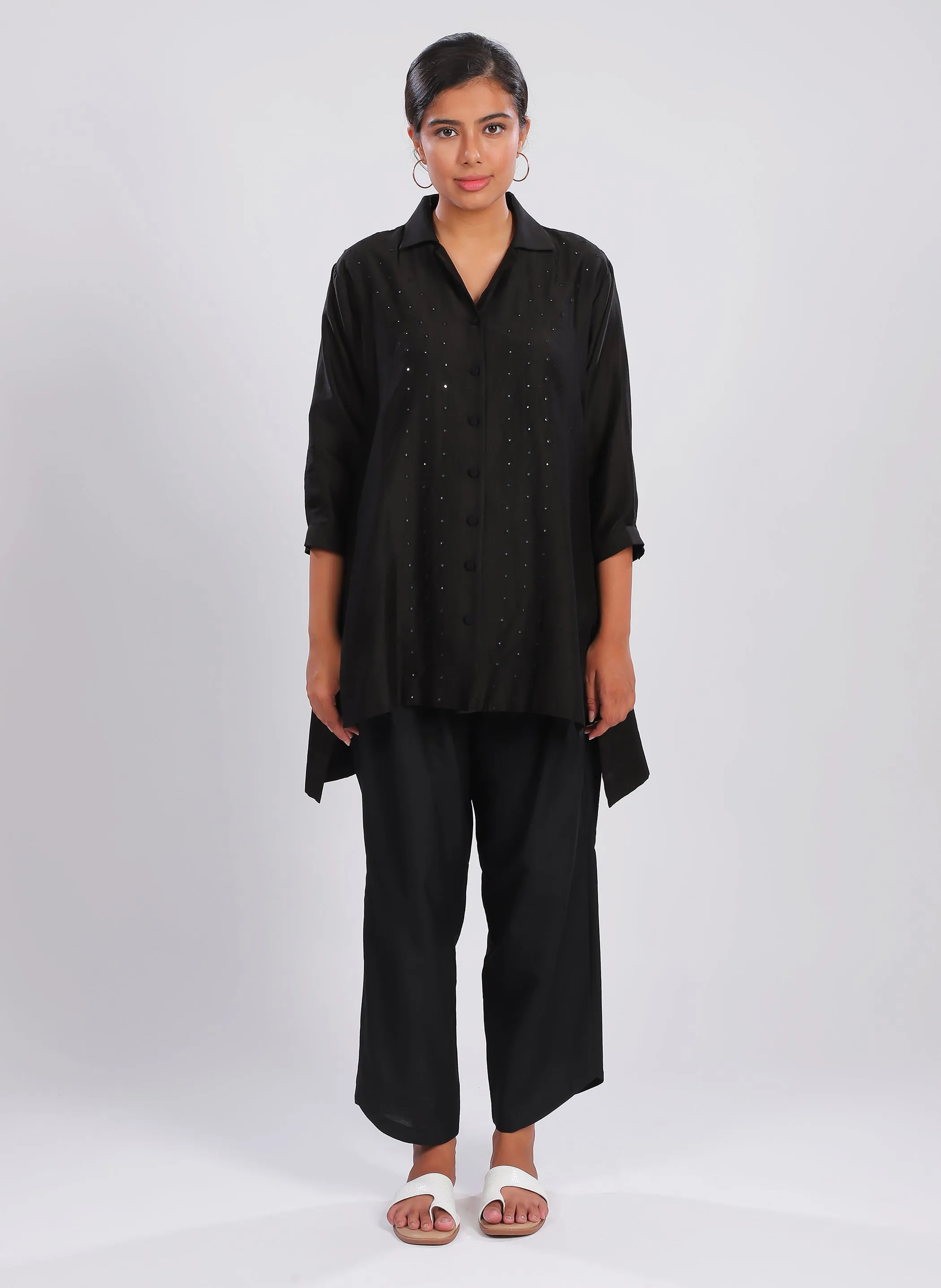 Black Cuban Collar Mirror Work Top