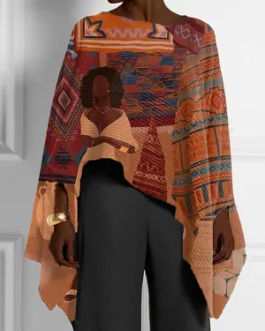 Black Ethnic Style Girls Casual Print Irregular Hem Women's Top