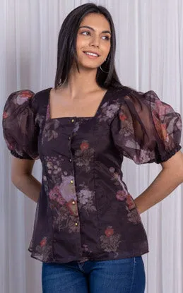 Black Floral Organza Top