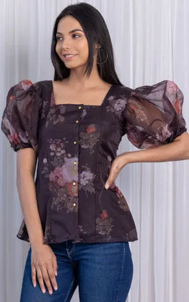 Black Floral Organza Top