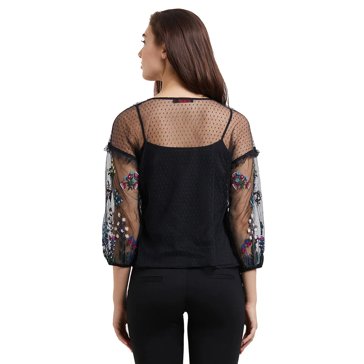 Black  Floral Top with Embroidered Sleeves