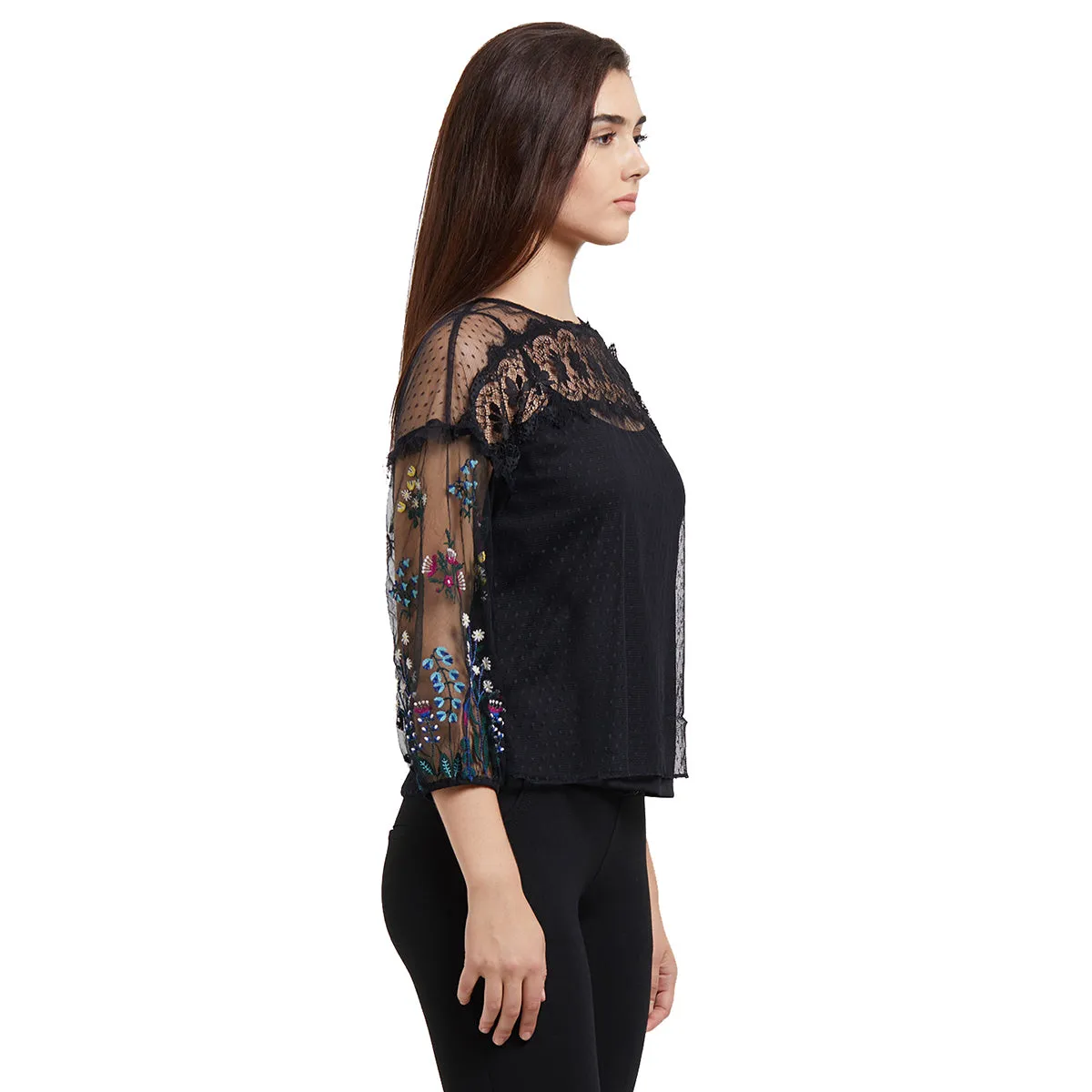Black  Floral Top with Embroidered Sleeves
