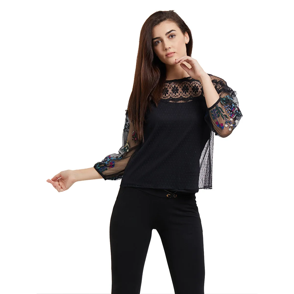 Black  Floral Top with Embroidered Sleeves