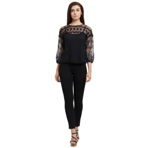 Black  Floral Top with Embroidered Sleeves