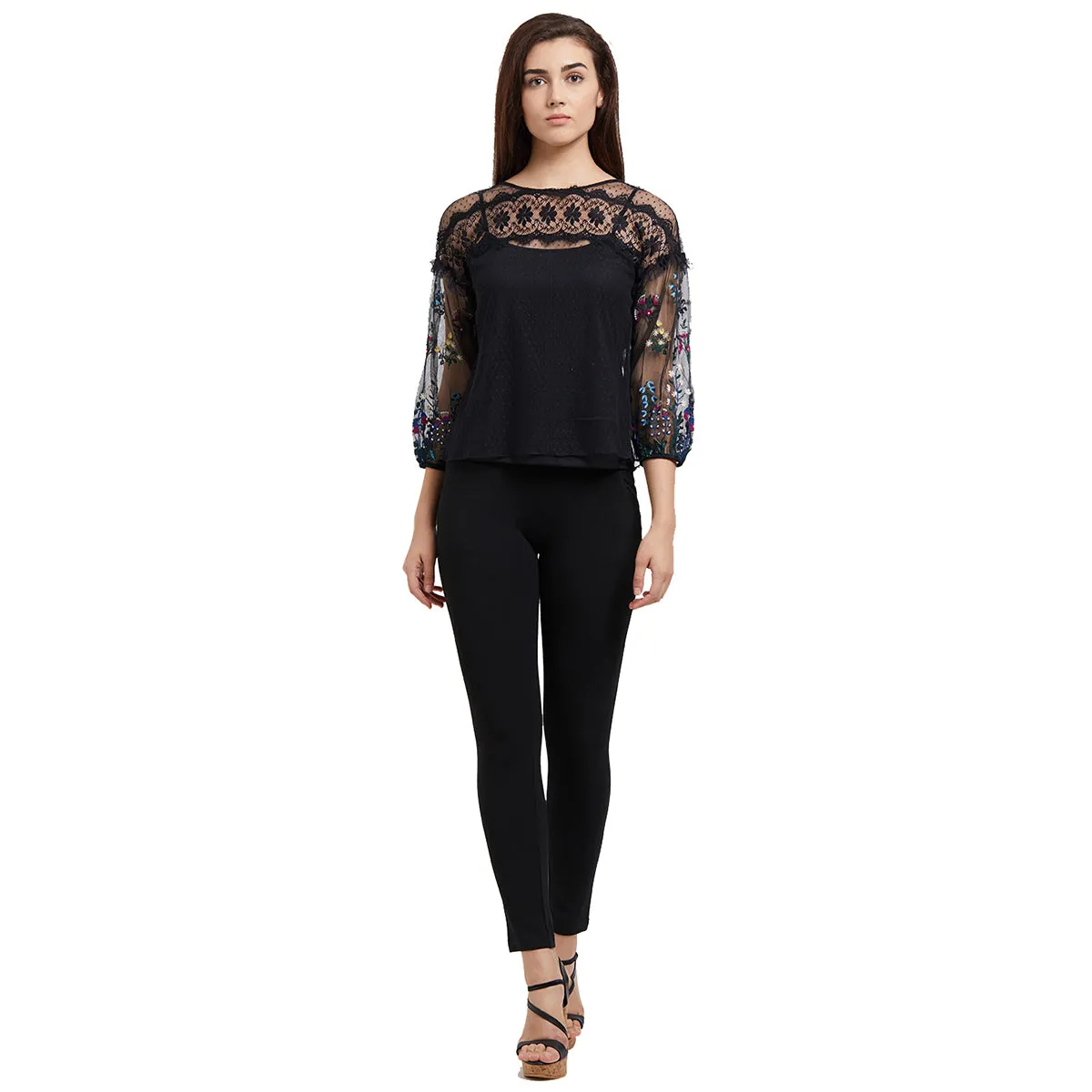 Black  Floral Top with Embroidered Sleeves