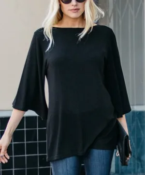 Black Flutter-Sleeve Boatneck Top