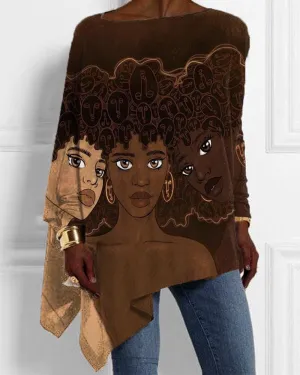 Black Girl Color Matching Print Irregular Hem Women's Top
