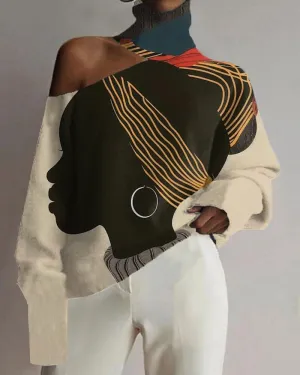 Black Girl Line Personality Oil Painting Print Off-shoulder Top