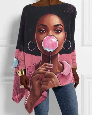 Black Girl Lollipop Oil Painting Print Irregular Ladies Top