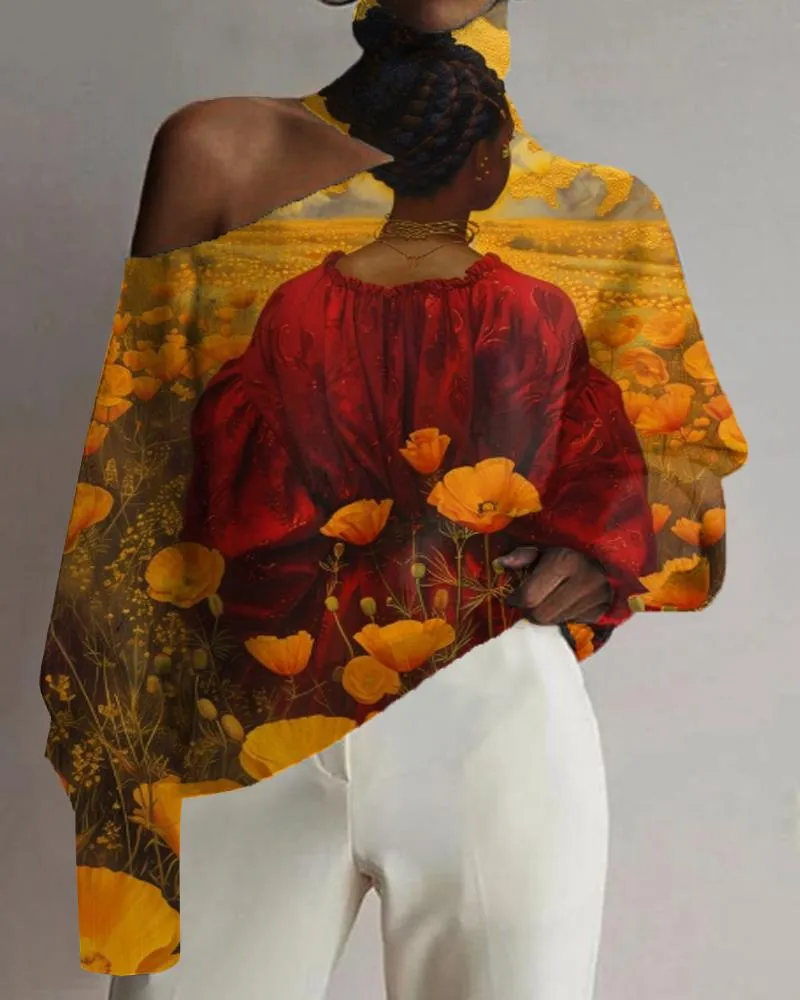 Black Girl Sunflower Oil Print Cutout Shoulder High Neck Top
