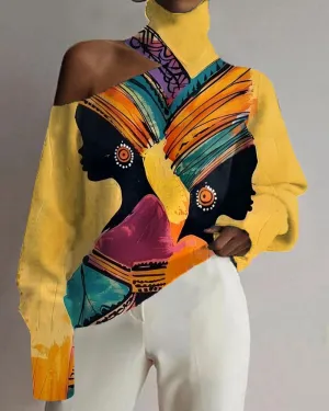 Black Girl Vintage Oil Painting Color Matching Print Off-the-shoulder Top