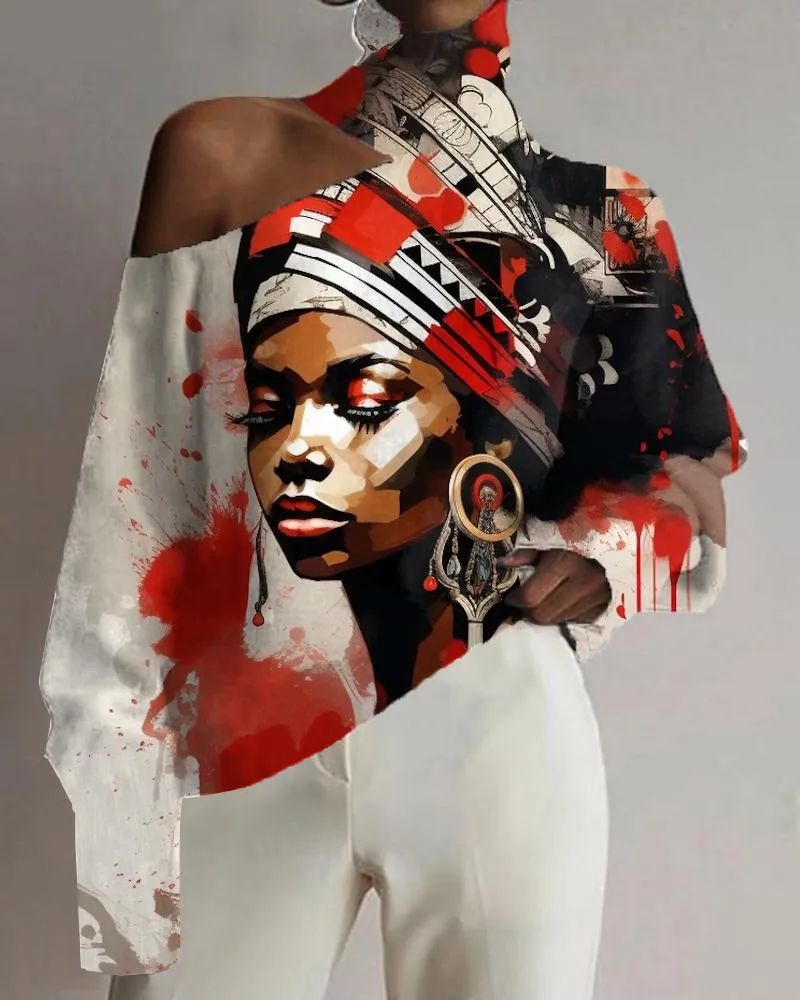 Black Girls Ethnic Style Oil Painting Shoulder High Neck Top