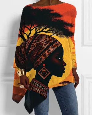 Black Girls Ethnic Style Print Irregular Ladies Top