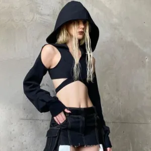 Black Hooded Long Sleeve Crop Top
