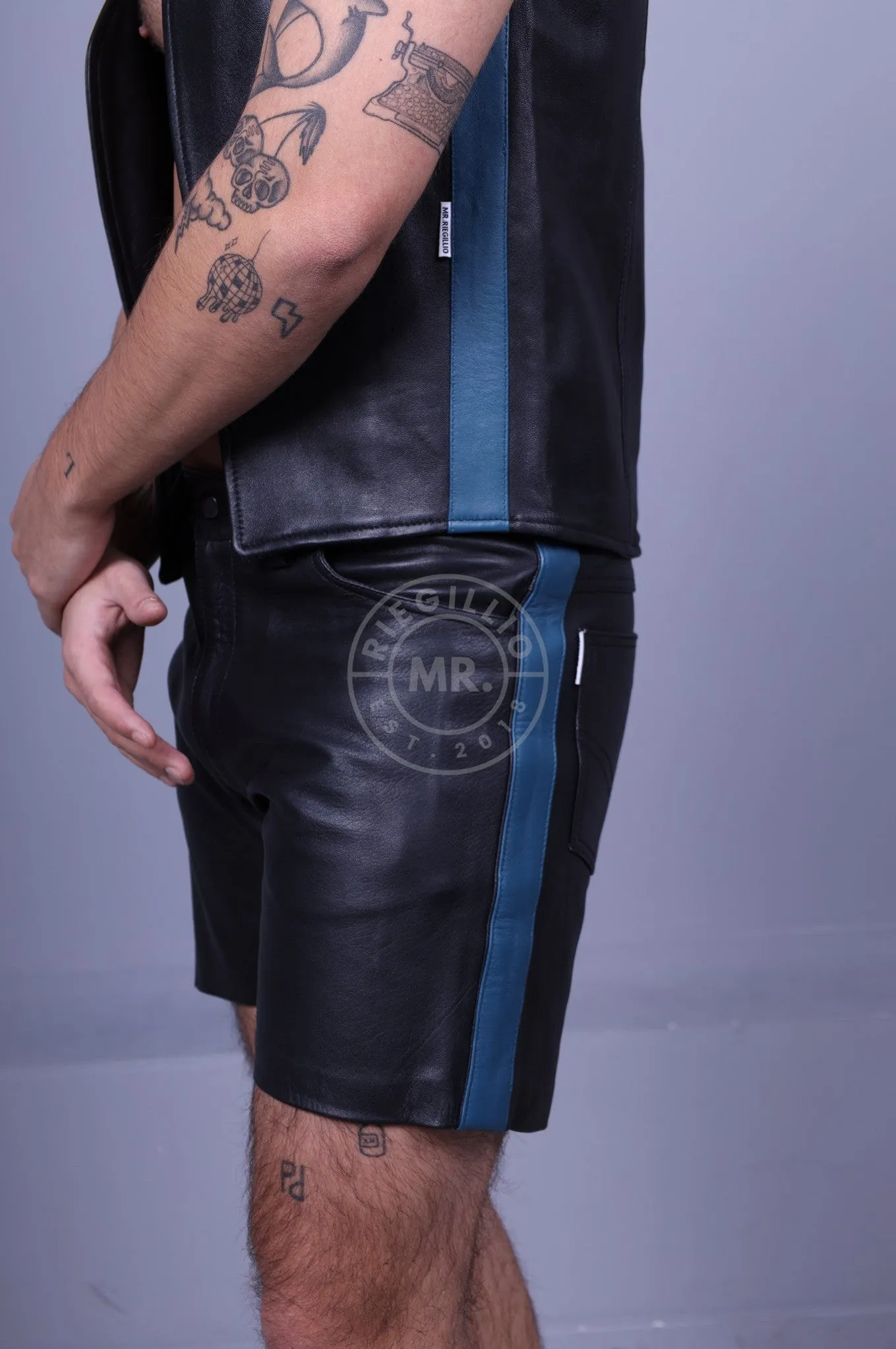 Black Leather Waistcoat - Jeans Blue Stripe