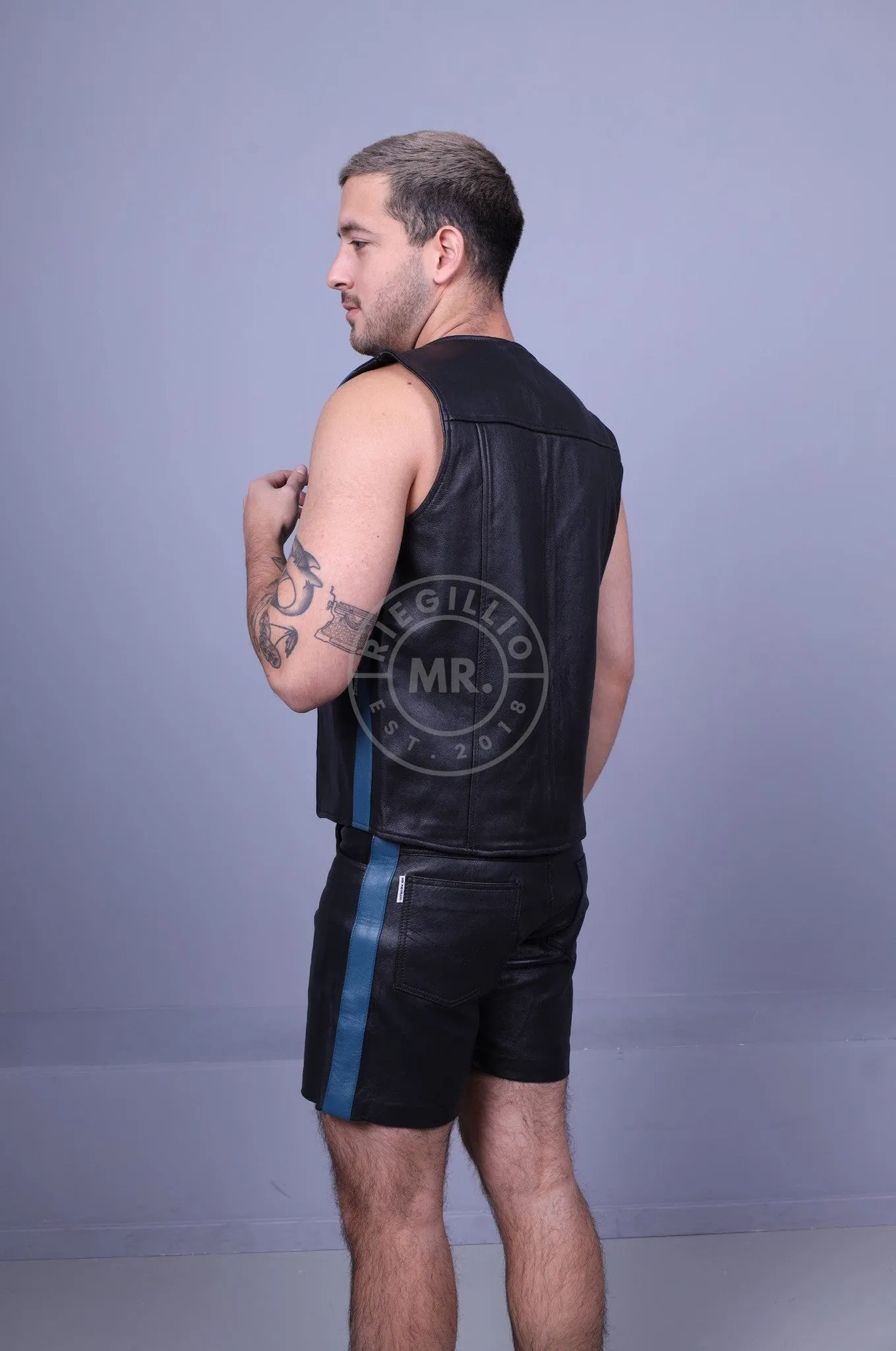 Black Leather Waistcoat - Jeans Blue Stripe