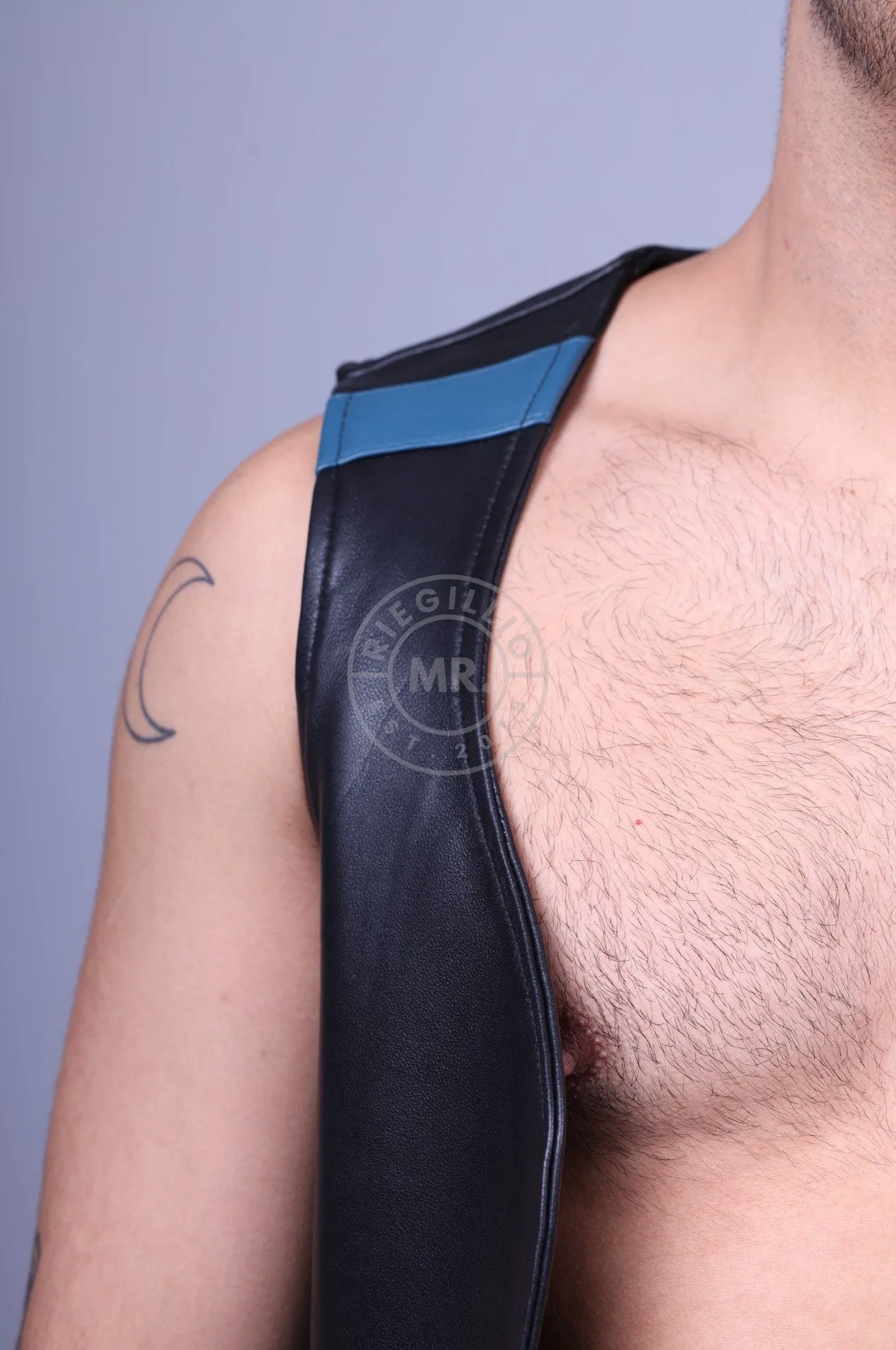 Black Leather Waistcoat - Jeans Blue Stripe