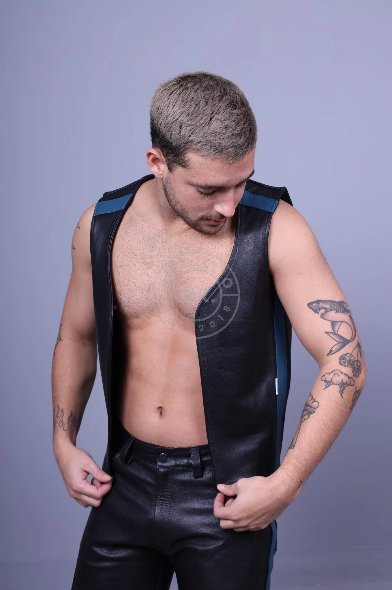 Black Leather Waistcoat - Jeans Blue Stripe
