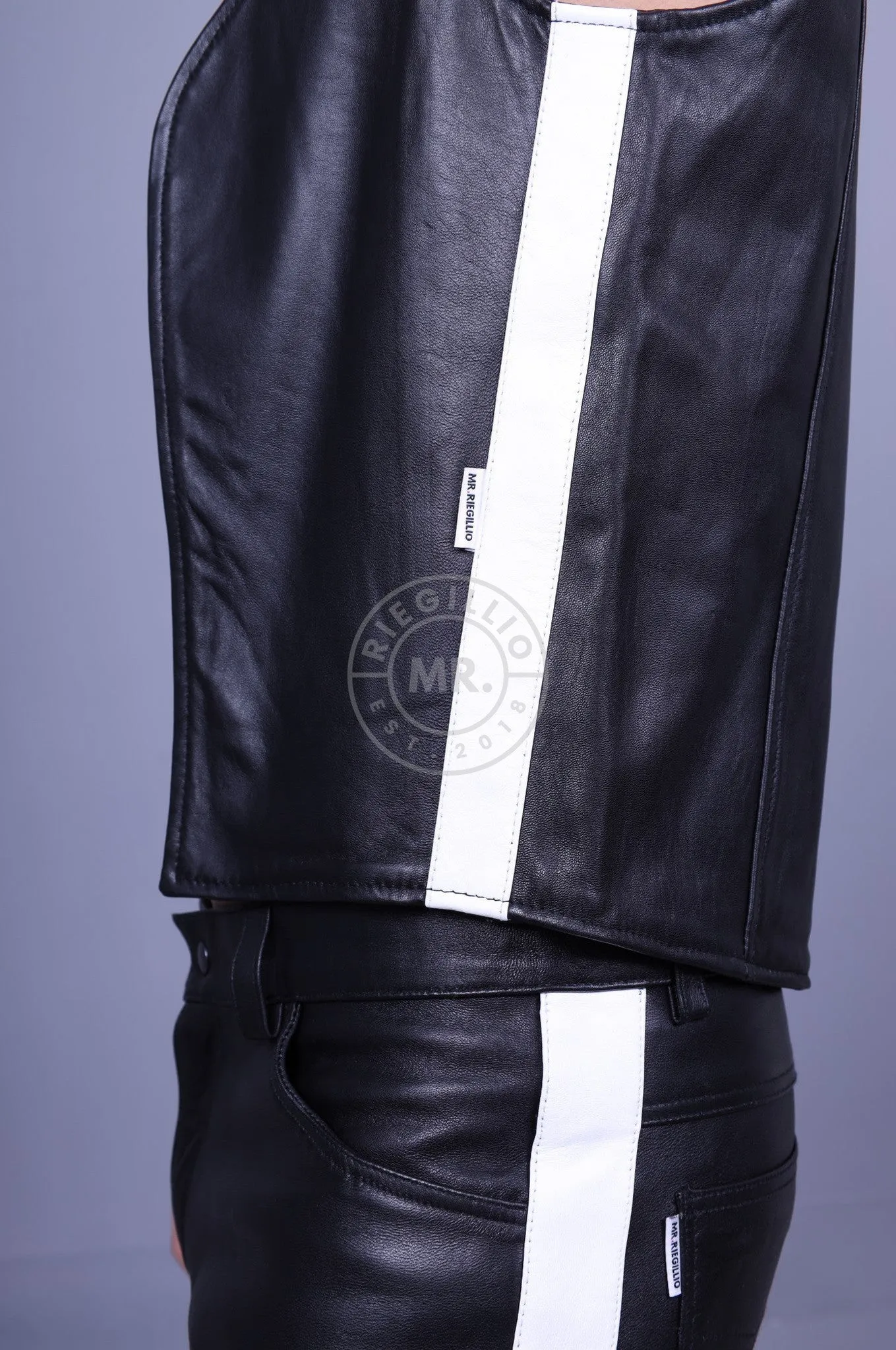 Black Leather Waistcoat - White Stripe