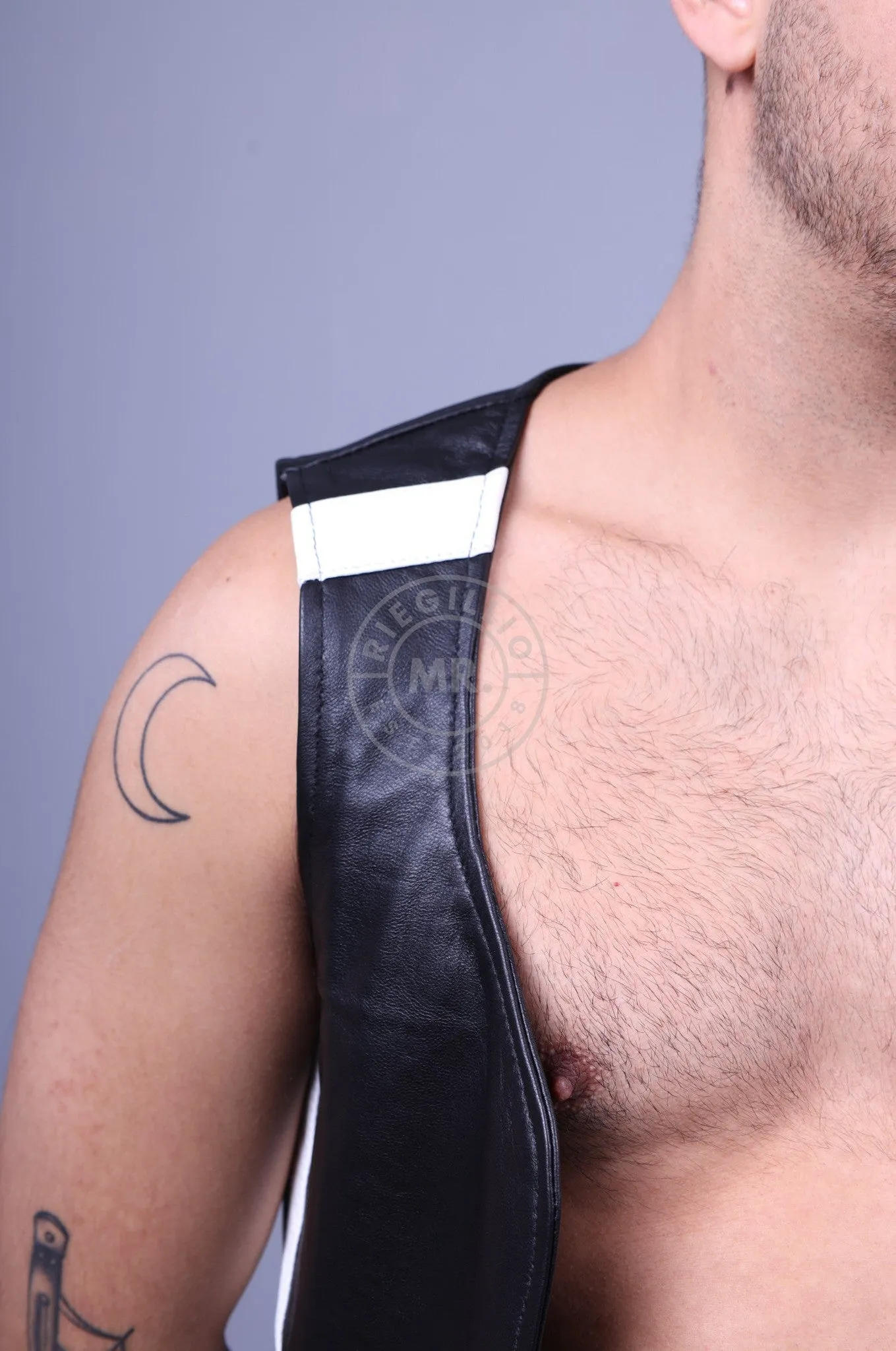 Black Leather Waistcoat - White Stripe