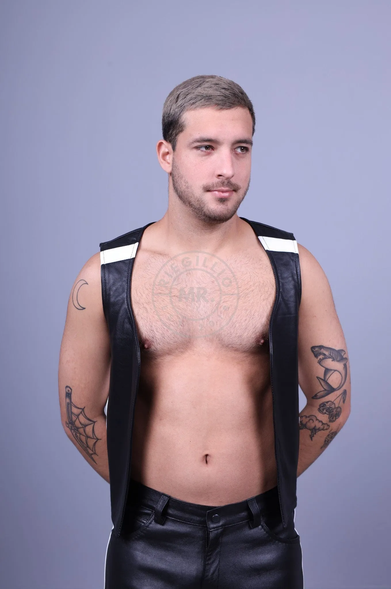 Black Leather Waistcoat - White Stripe
