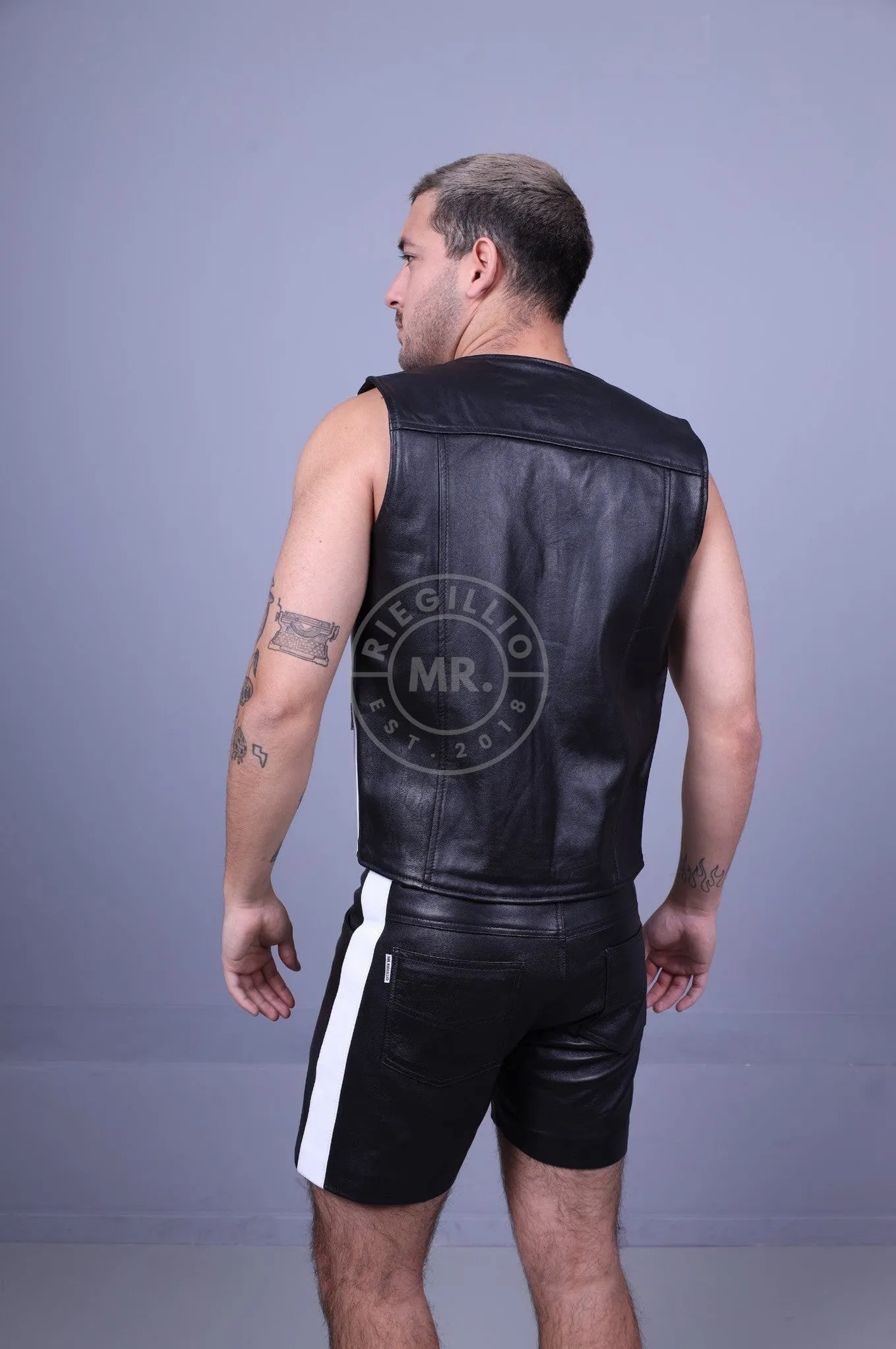 Black Leather Waistcoat - White Stripe