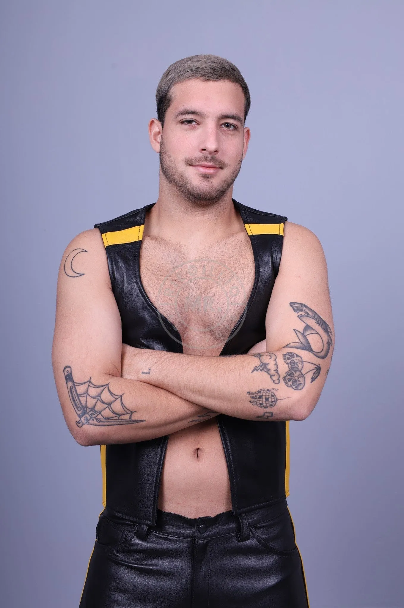 Black Leather Waistcoat - Yellow Stripe