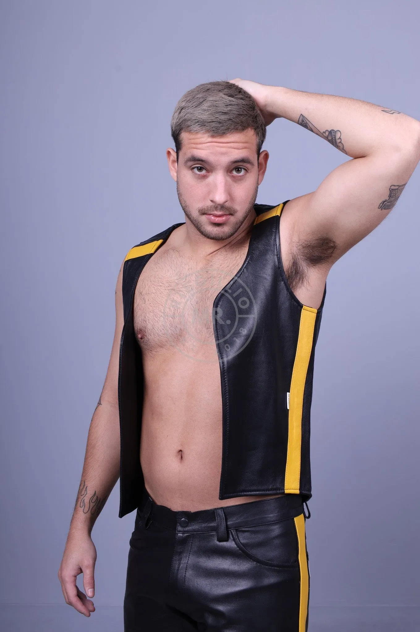 Black Leather Waistcoat - Yellow Stripe